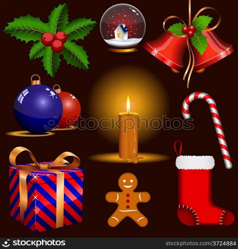 Vector set of traditional Christmas symbols isolated on dark background.