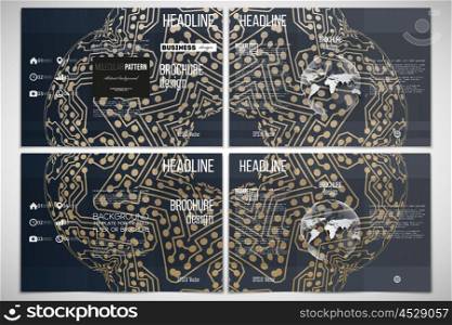 Vector set of tri-fold brochure design template on both sides. Golden microchip pattern, abstract template with connecting dots and lines, connection structure. Digital scientific vector background
