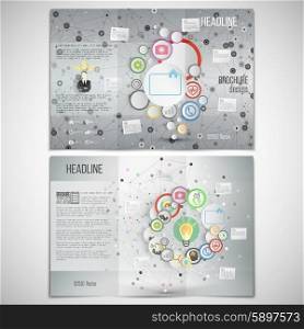 Vector set of tri-fold brochure design template on both sides. Gray backgrounds, infographic networks with icons for business vector templates.