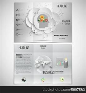 Vector set of tri-fold brochure design template on both sides. Gray background with world globe and human head with gears. Vector infographic template for your design.