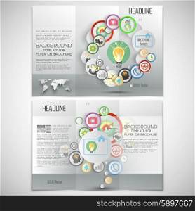 Vector set of tri-fold brochure design template on both sides. Gray backgrounds, infographics with colored circles for business vector templates.