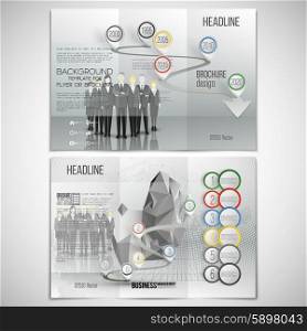 Vector set of tri-fold brochure design template on both sides. Professional business team standing over gray background with timeline. Infographic pattern. Vector set of tri-fold brochure design template on both sides. Group of a professional business team standing over gray background with timeline. Vector infographic template for your design.