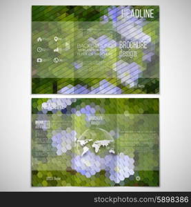 Vector set of tri-fold brochure design template on both sides. Blue flowers in the grass. Abstract multicolored backgrounds. Natural geometrical patterns. Triangular and hexagonal style . Vector set of tri-fold brochure design template on both sides. Blue flowers in the grass. Abstract multicolored backgrounds. Natural geometrical patterns. Triangular and hexagonal style vector