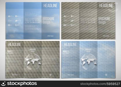 Vector set of tri-fold brochure design template on both sides. Dry land and blue sky with clouds. Abstract multicolored backgrounds. Natural geometrical patterns. Triangular and hexagonal style.