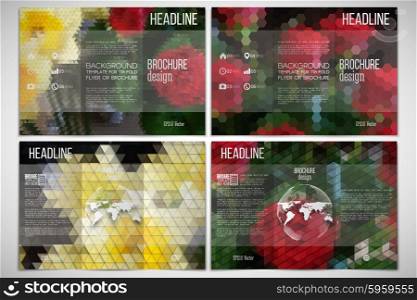 Vector set of tri-fold brochure design template on both sides. Bouquet of roses and daffodils. Abstract multicolored backgrounds. Natural geometrical patterns. Triangular and hexagonal style.