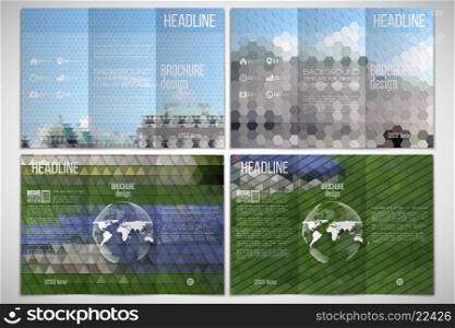 Vector set of tri-fold brochure design template on both sides with world globe element. Park landscape. Abstract multicolored backgrounds. Geometrical patterns. Triangular and hexagonal style. Vector set of tri-fold brochure design template on both sides with world globe element. Park landscape. Abstract multicolored backgrounds. Geometrical patterns. Triangular and hexagonal style.
