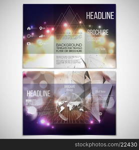 Vector set of tri-fold brochure design template on both sides with world globe element. Abstract background with bokeh lights and stars. Vector 3D pyramid. Scientific digital design, science vector