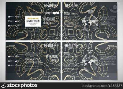 Vector set of tri-fold brochure design template on both sides with world globe element. Polygonal backdrop with golden connecting dots and lines, connection structure. Digital scientific background