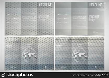 Vector set of tri-fold brochure design template on both sides with world globe element. Gray cloudy sky. Abstract multicolored backgrounds. Natural geometrical patterns. Triangular and hexagonal style vector illustration. Vector set of tri-fold brochure design template on both sides. Gray cloudy sky. Set of abstract multicolored backgrounds. Geometrical patterns. Triangular and hexagonal style vector