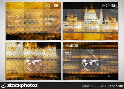 Vector set of tri-fold brochure design template on both sides with world globe element. Night city landscape. Abstract multicolored backgrounds. Natural geometrical patterns. Triangular and hexagonal style vector illustration. Vector set of tri-fold brochure design template on both sides. Night city landscape. Set of abstract multicolored backgrounds. Geometrical patterns. Triangular and hexagonal style vector