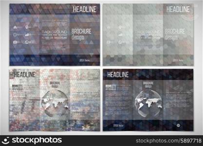 Vector set of tri-fold brochure design template on both sides with world globe element. Graffiti wall. Abstract multicolored backgrounds. Geometrical patterns. Triangular and hexagonal style vector