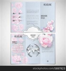 Vector set of tri-fold brochure design template on both sides with world globe element. Pink flowers over linear blue background, floral vector pattern.