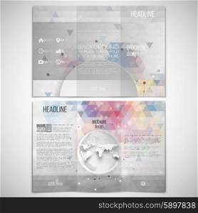 Vector set of tri-fold brochure design template on both sides with world globe element. Connection background, triangle design vector illustration.