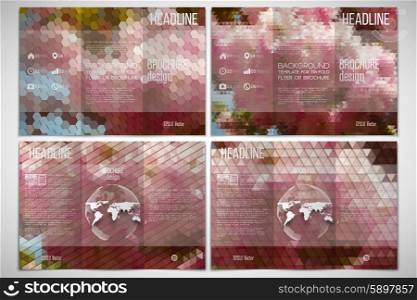 Vector set of tri-fold brochure design template on both sides with world globe element. Purple flowers. Abstract multicolored backgrounds. Natural geometrical patterns. Triangular and hexagonal style. Vector set of tri-fold brochure design template on both sides. The tree with purple flowers. Set of abstract multicolored backgrounds. Natural geometrical patterns. Triangular and hexagonal style