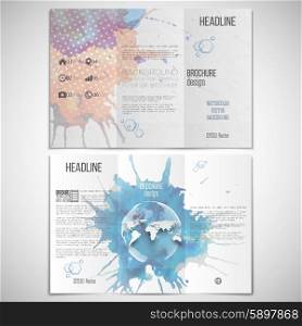 Vector set of tri-fold brochure design template on both sides with world globe element. Abstract hand drawn spotted colorful background, composition for your design, vector illustration.