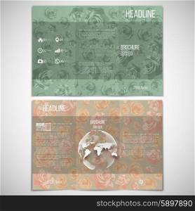 Vector set of tri-fold brochure design template on both sides with world globe element. Drawn grunge pink flowers over canvas texture, vector illustration.