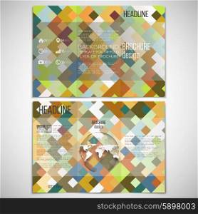 Vector set of tri-fold brochure design template on both sides with world globe element. Abstract colored background, square design vector illustration