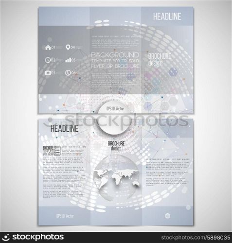 Vector set of tri-fold brochure design template on both sides with world globe element. Molecule structure, blue background for communication, science vector illustration.