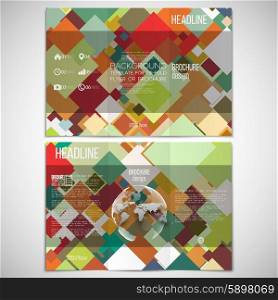 Vector set of tri-fold brochure design template on both sides with world globe element. Abstract colored background, square design vector illustration