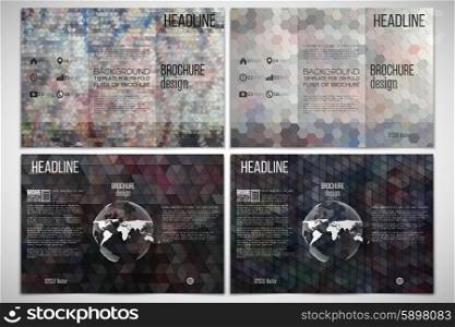 Vector set of tri-fold brochure design template on both sides with world globe element. Graffiti wall. Abstract multicolored backgrounds. Geometrical patterns. Triangular and hexagonal style vector. Vector set of tri-fold brochure design template on both sides with world globe element. Graffiti wall. Abstract multicolored backgrounds. Geometrical patterns. Triangular and hexagonal style vector.