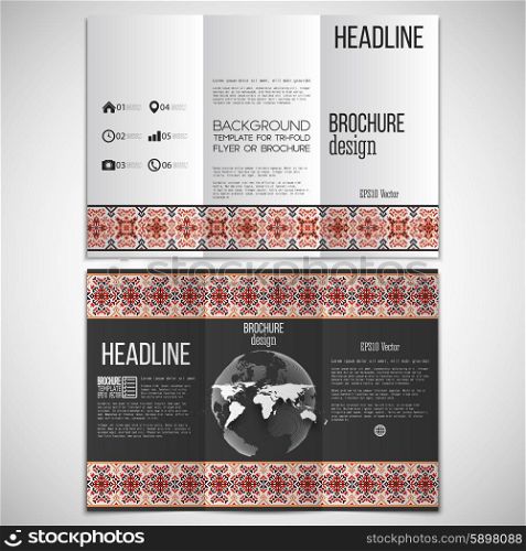 Vector set of tri-fold brochure design template on both sides with world globe element. Ukrainian folk art. Traditional national embroidered pattern. Abstract vector . Vector set of tri-fold brochure design template on both sides with world globe element. Ukrainian folk art. Traditional national embroidered pattern. Abstract vector template.