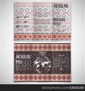 Vector set of tri-fold brochure design template on both sides with world globe element. Ukrainian folk art. Traditional national embroidered pattern. Abstract vector . Vector set of tri-fold brochure design template on both sides with world globe element. Ukrainian folk art. Traditional national embroidered pattern. Abstract vector template.