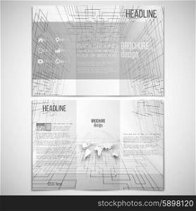 Vector set of tri-fold brochure design template on both sides with world globe element. Connected lines and dots on white background. Modern stylish geometric backdrop, simple black monochrome vector background.