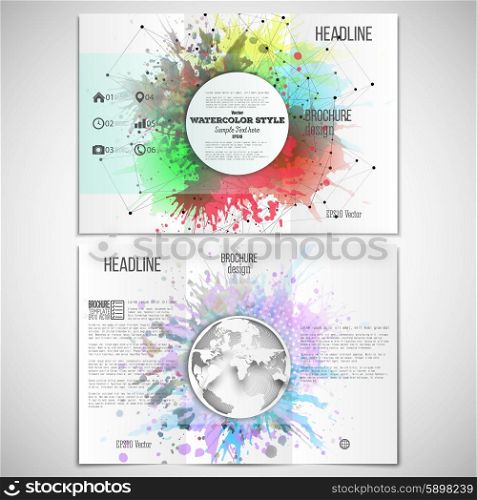 Vector set of tri-fold brochure design template on both sides with world globe element. Abstract colorful banners, watercolor stains and molecular geometric grid, vector illustration.