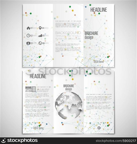 Vector set of tri-fold brochure design template on both sides with world globe element. Molecular colored structure on white background. Business or science style, vector illustration.