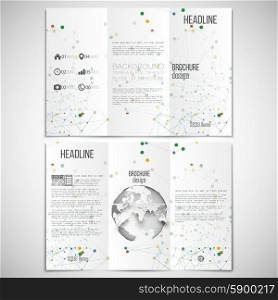 Vector set of tri-fold brochure design template on both sides with world globe element. Molecular colored structure on white background. Business or science style, vector illustration.