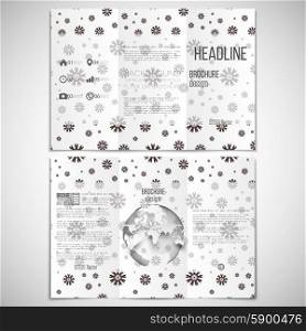 Vector set of tri-fold brochure design template on both sides with world globe element. Modern stylish geometric background with abstract flowers. Simple brown monochrome vector texture.