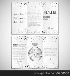 Vector set of tri-fold brochure design template on both sides with world globe element. Molecular black structure on white background. Business or science style, vector illustration