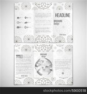 Vector set of tri-fold brochure design template on both sides with world globe element. Dotted modern stylish geometric background, circles and abstract flowers. Simple monochrome vector texture.