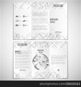 Vector set of tri-fold brochure design template on both sides with world globe element. Connected lines and dots on white background. Modern stylish geometric background. Simple black monochrome vector texture.