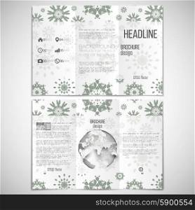 Vector set of tri-fold brochure design template on both sides with world globe element. Modern stylish geometric background with abstract flowers. Simple gray monochrome vector texture.