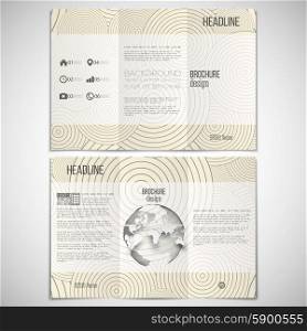 Vector set of tri-fold brochure design template on both sides with world globe element. Vintage style beige background with circles. Modern stylish geometric decoration. Simple abstract monochrome vector texture.. Vector set of tri-fold brochure design template on both sides with world globe element. Vintage style beige background. Modern stylish geometric decoration. Simple abstract monochrome vector texture
