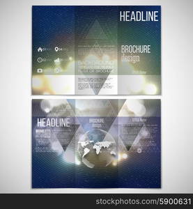 Vector set of tri-fold brochure design template on both sides with world globe element. Abstract multicolored background with bokeh lights and stars. Scientific or digital design, science vector