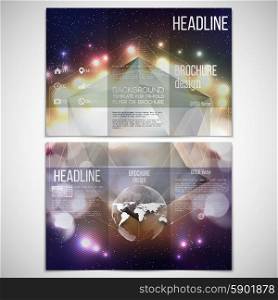 Vector set of tri-fold brochure design template on both sides with world globe element. Abstract multicolored background with bokeh lights and stars. Scientific or digital design, science vector