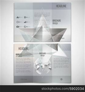 Vector set of tri-fold brochure design template on both sides with world globe element. Polygon pattern with the reflection, minimalistic geometric facet crystal on blurred background, vector illustration