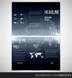 Vector set of tri-fold brochure design template on both sides with world globe element. Abstract flash background, dark night style vector pattern.