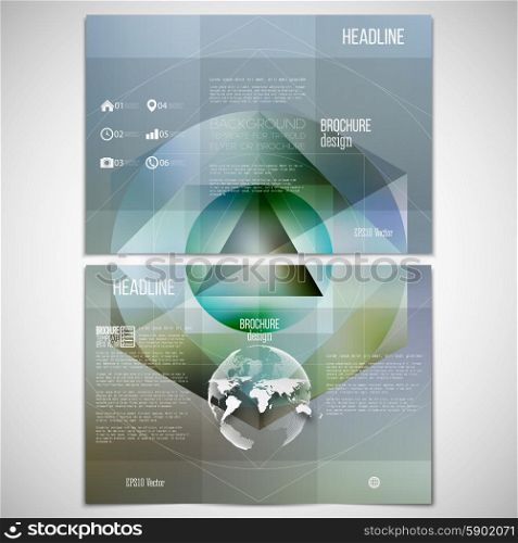 Vector set of tri-fold brochure design template on both sides with world globe element. Polygon pattern with the reflection, minimalistic geometric facet crystal logo on blurred background.
