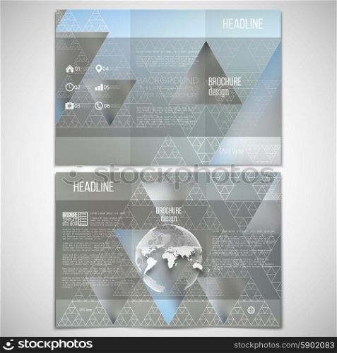 Vector set of tri-fold brochure design template on both sides with world globe element. Triangular pattern with the reflection of environment on blurred background, minimalistic geometric triangle fractal, vector illustration