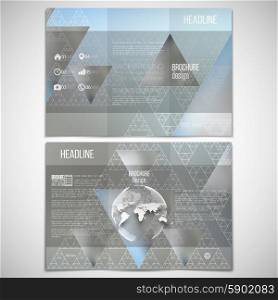 Vector set of tri-fold brochure design template on both sides with world globe element. Triangular pattern with the reflection of environment on blurred background, minimalistic geometric triangle fractal, vector illustration
