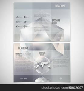 Vector set of tri-fold brochure design template on both sides with world globe element. Polygon pattern with the reflection, minimalistic geometric facet crystal logo on blurred gray background