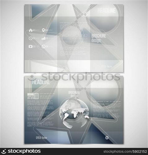 Vector set of tri-fold brochure design template on both sides with world globe element. Abstract pattern with the reflection of environment on blurred background, minimalistic geometric vector illustration.
