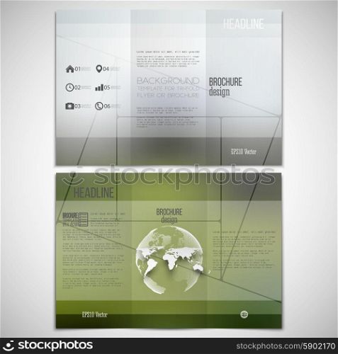 Vector set of tri-fold brochure design template on both sides with world globe element. Mosaic pattern, minimalistic geometric transparent shapes on blurred natural background, vector illustration.
