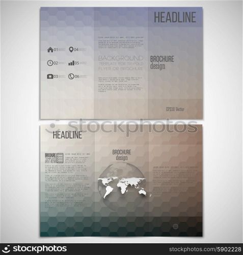 Vector set of tri-fold brochure design template on both sides with world globe element. Abstract blurred background. Colorful hexagonal vector pattern.. Vector set of tri-fold brochure design template on both sides with world globe element. Abstract blurred background. Colorful hexagonal vector pattern