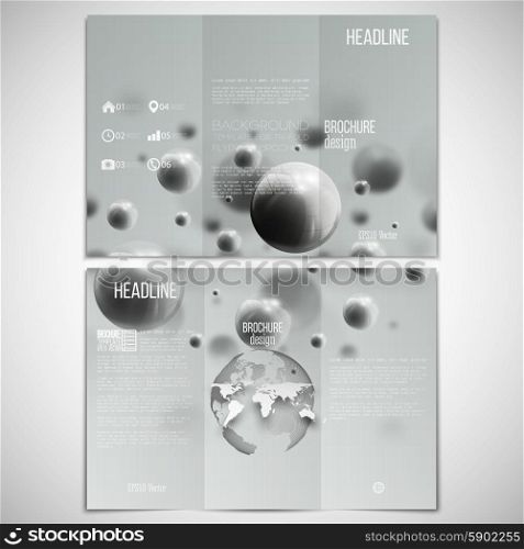 Vector set of tri-fold brochure design template on both sides with world globe element. Three dimensional glowing steel spheres, gray background.