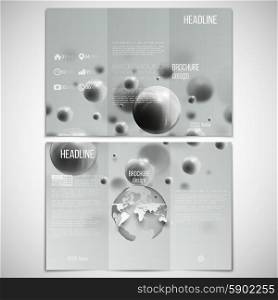Vector set of tri-fold brochure design template on both sides with world globe element. Three dimensional glowing steel spheres, gray background.
