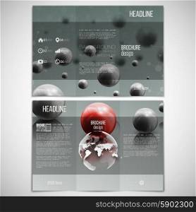 Vector set of tri-fold brochure design template on both sides with world globe element. Three dimensional glowing spheres with shadows in motion on gray background. Red sphere in center lies on the mirror surface